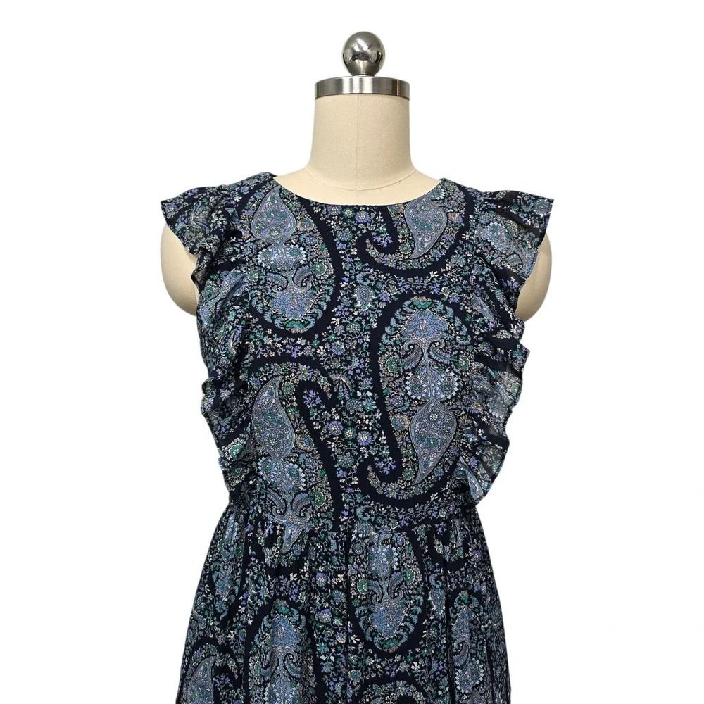 J. Crew Paisley Print Ruffle Sleeve Midi Dress Navy‎ Blue Women's Size 0